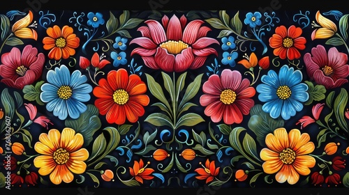 Vibrant Floral Folk Art Ornament with Intricate Botanical Detailing