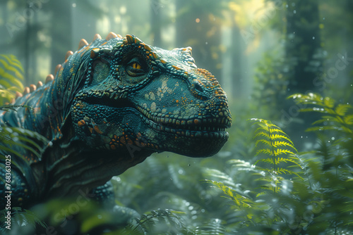 A 3D rendering captures a textured dinosaur peeking through a lush and misty forest  creating a scene straight out of the Jurassic period.