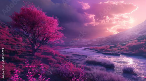 Beautiful of the Landscape with magenta nature, Illustration.