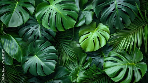 Tropical Freshness: Closeup View of Green Monstera Leaf and Palms Background for Wallpaper, Banner, and Nature Concept