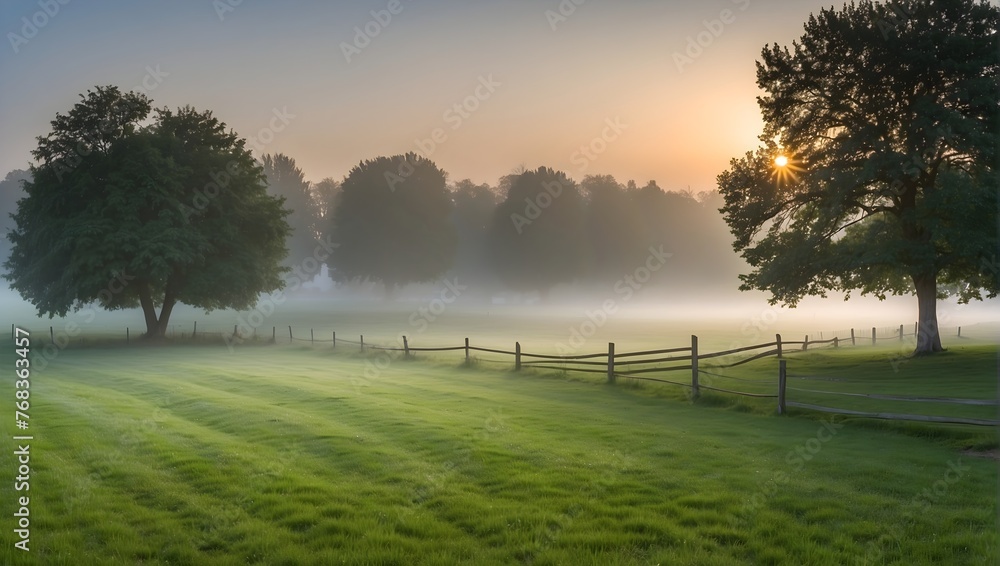 A serene summer dawn breaks over a freshly mown lawn, shrouded in a light morning fog, encapsulating the essence of spring in a panoramic view Generative AI - obrazy, fototapety, plakaty 