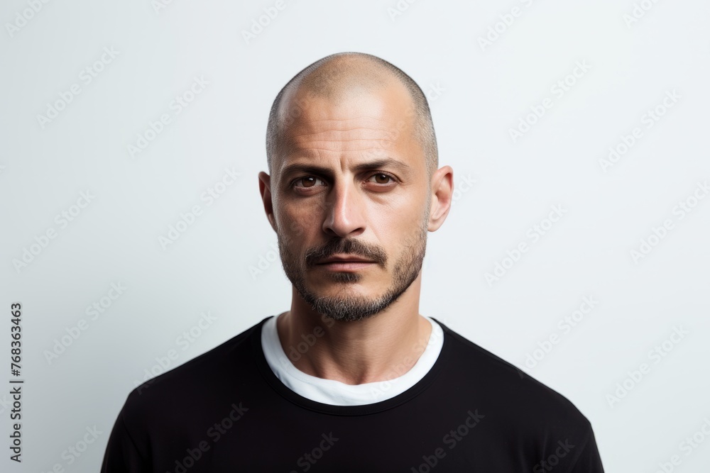 Portrait of a bald man in a black T-shirt on a gray background Portrait of a bald man in a black T-shirt on a gray background