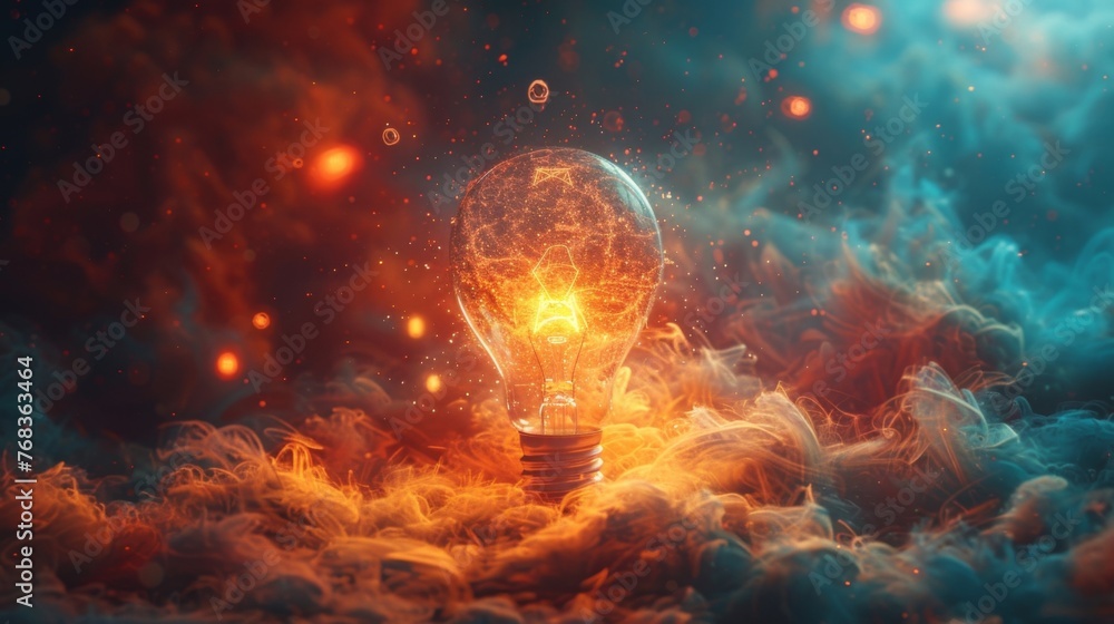 A light bulb surrounded by a cloud of tiny particles representing the potential for energy and matter to exist in multiple states at once. - obrazy, fototapety, plakaty 
