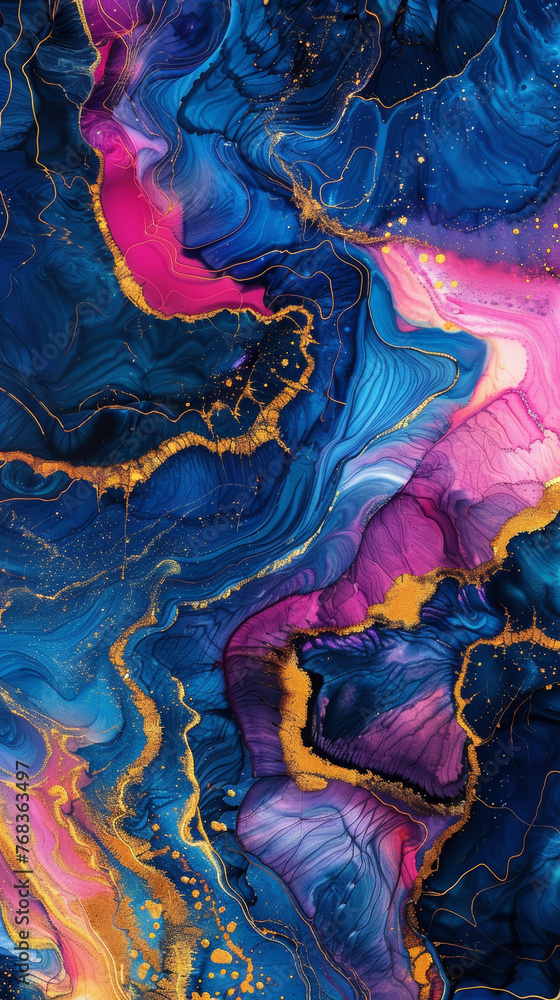 Obraz premium Flowing alcohol ink wallpaper with kintsugi style gold accents