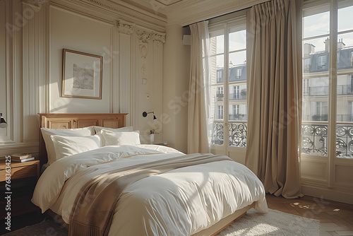 Comfortable bedroom with furniture  fixtures  windows  and hardwood floor