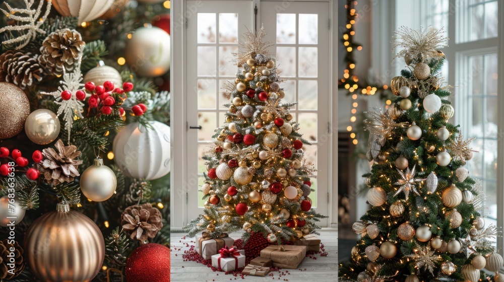 Festive Christmas Tree Collage with Colorful Ornaments and Lights