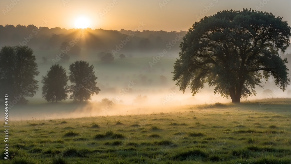 Dawn breaks over a lush, freshly cut grassland, with the first rays of sun piercing through a gentle fog, embodying the tranquil beauty of a summer morning Generative AI