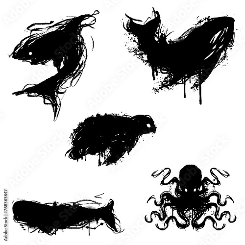 Black silhouette of marine animals colection set. vector illustration