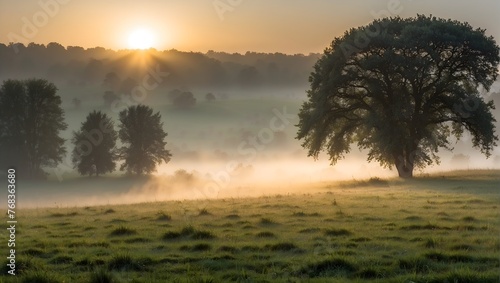 Dawn breaks over a lush, freshly cut grassland, with the first rays of sun piercing through a gentle fog, embodying the tranquil beauty of a summer morning Generative AI