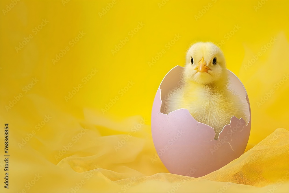 Yellow Chick in a Lavender Eggshell on a Soft Yellow Background, Spreading Easter Joy and Happiness, copy space, isolated Yellow Chick in a Lavender Eggshell on a Soft Yellow Background, Spreading Easter Joy and Happiness, copy space, isolated