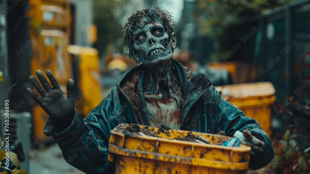 Zombie participating in a recycling campaign, eco-friendly