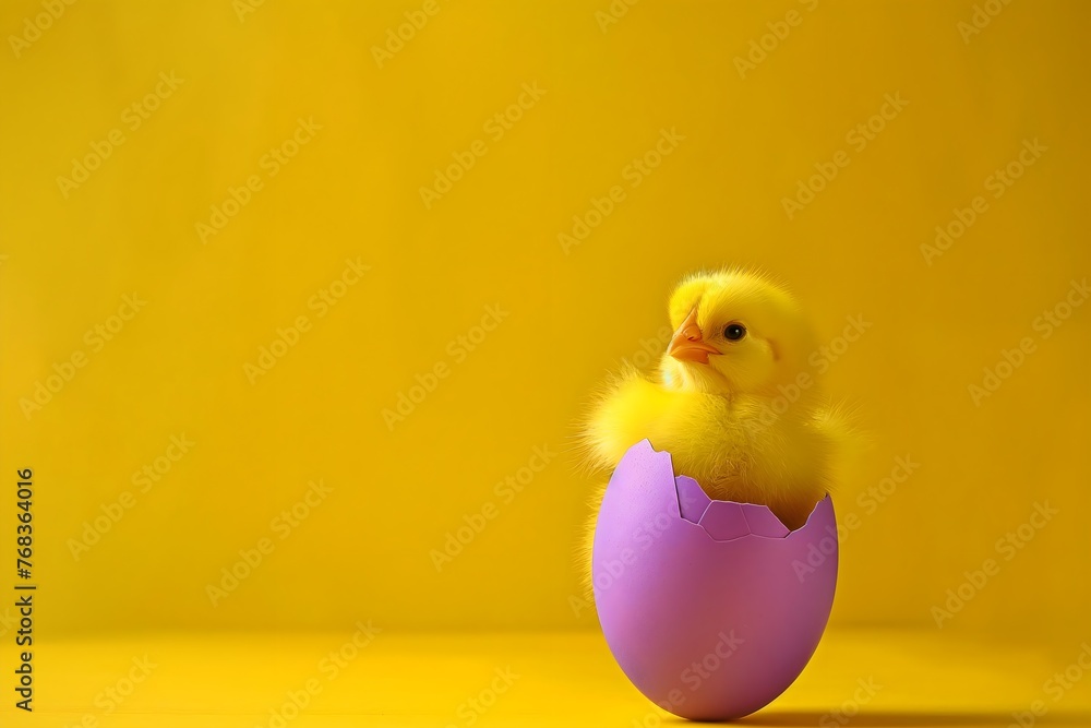 Yellow Chick in a Lavender Eggshell on a Soft Yellow Background, Spreading Easter Joy and Happiness, copy space, isolated Yellow Chick in a Lavender Eggshell on a Soft Yellow Background, Spreading Easter Joy and Happiness, copy space, isolated