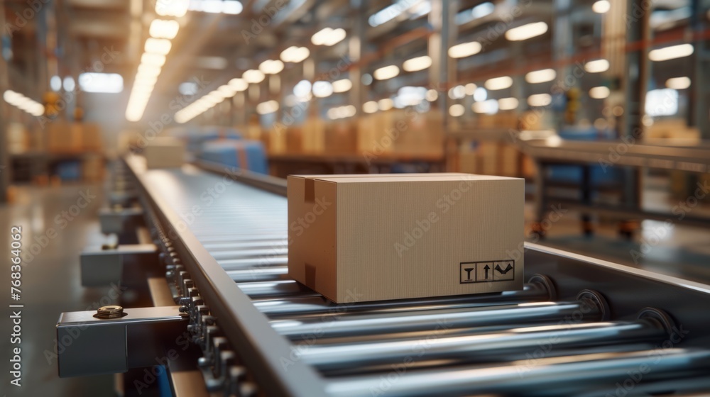 Cardboard box on industrial conveyor belt. Cardboard box on industrial conveyor belt.