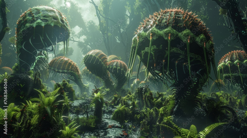 Bio art landscape showing an alien plant ecosystem thriving - obrazy, fototapety, plakaty 