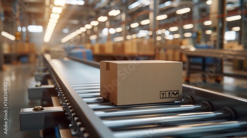 Cardboard box on industrial conveyor belt.