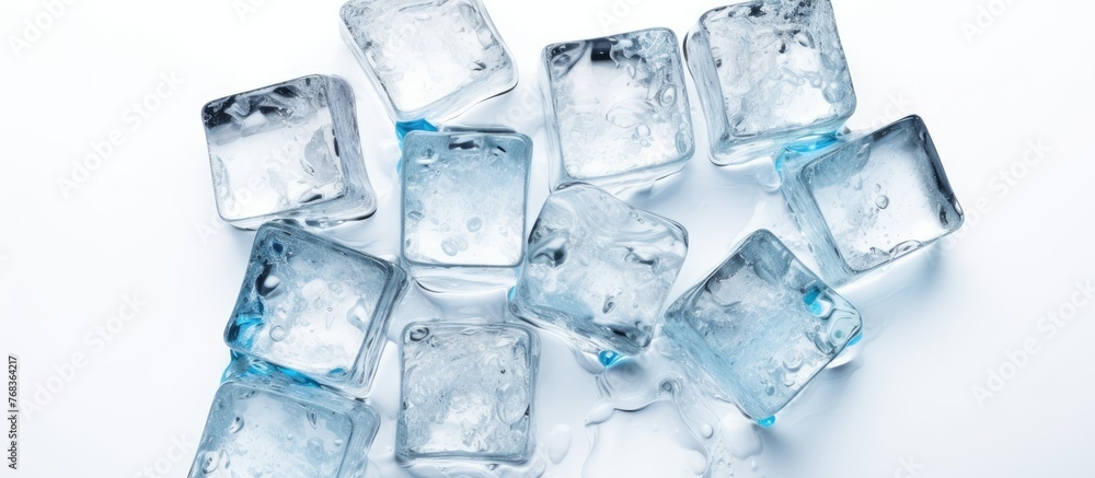 A pile of ice cubes resting on a white surface, slowly melting into liquid water. The azure fluid glistens like glass, resembling drinking water in an electric blue hue a captivating art display A pile of ice cubes resting on a white surface, slowly melting into liquid water. The azure fluid glistens like glass, resembling drinking water in an electric blue hue a captivating art display