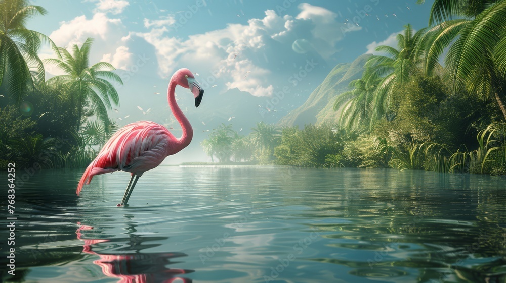 Flamingo conducting a ballet class on a tropical lake - obrazy, fototapety, plakaty 