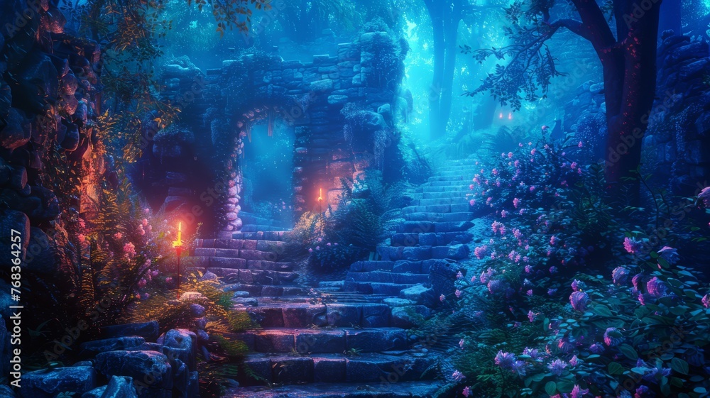 Fantasy scene with a hidden, enchanted garden at night