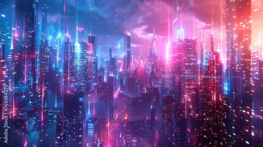 Futuristic cityscape with neon lights and holographic elements