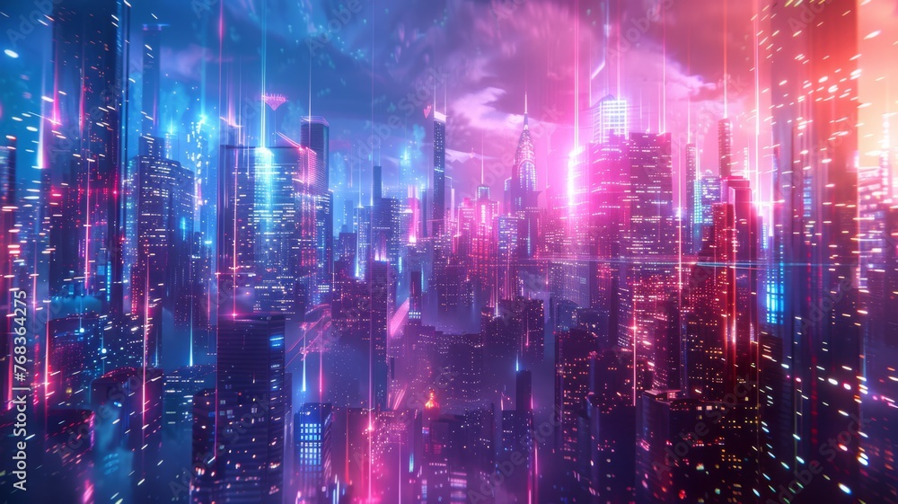 Futuristic cityscape with neon lights and holographic elements Futuristic cityscape with neon lights and holographic elements