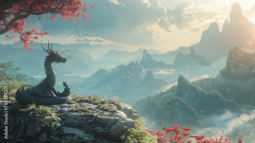Dragon doing yoga in a serene mountain landscape