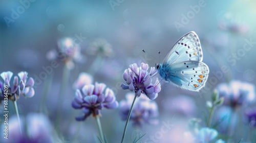 Morning Haze Delight: Close-Up of Wild Chamomile, Purple Wild Peas & Butterfly in Beautiful Landscape with Cool Blue Tones & Copy Space - Wide Format Macro Shot