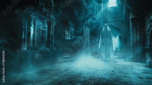 Ghost using a hologram projector in a haunted house