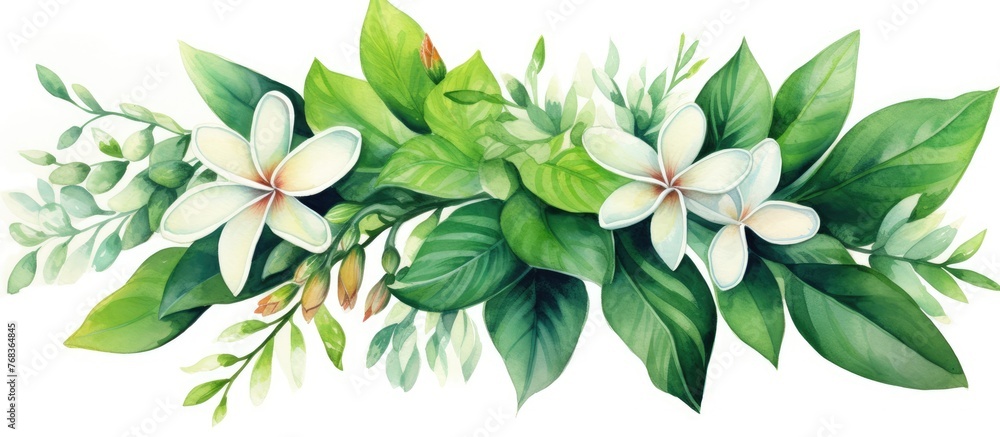 A beautiful painting of a variety of white flowers and green leaves on a white background, showcasing the beauty of terrestrial plants and flowering shrubs as groundcover