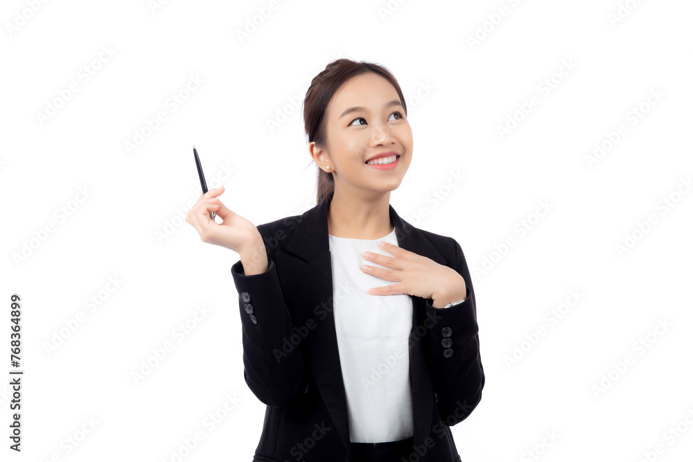 A cheerful young asian businesswoman in a suit, smiling and looking up, holding a pen, celebrating a success isolated white background, joyful business woman with pen celebrating success. A cheerful young asian businesswoman in a suit, smiling and looking up, holding a pen, celebrating a success isolated white background, joyful business woman with pen celebrating success.
