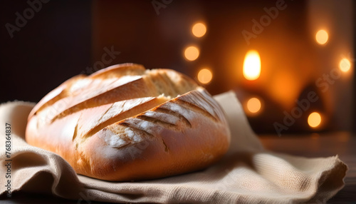 A loaf of freshly baked wheat bread on a linen tablecloth with a dark background