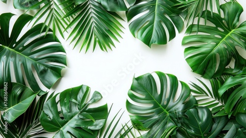 Green Monstera Palm Leaves Banner on White Flat Lay Background - Top View