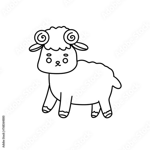A sheep with horns is walking on a white background. The sheep has a sad expression on its face