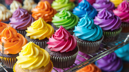 A variety of cupcakes neatly arranged on a rack, showcasing different flavors and decorations. photo