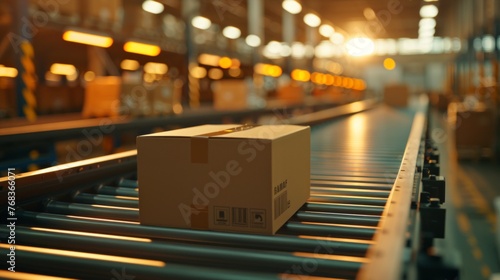 Cardboard package on conveyor belt.