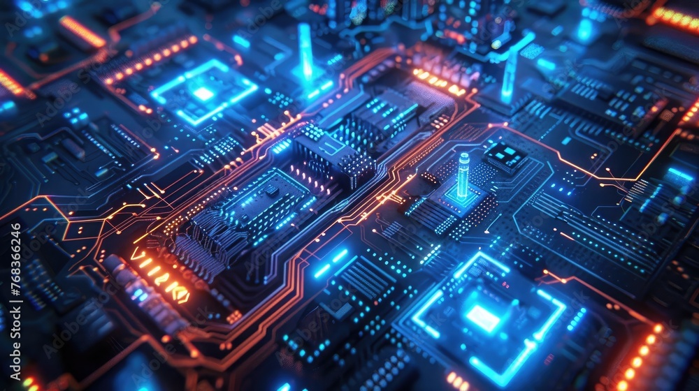 Luminous Electronic Architectural Circuitry Landscape with Vibrant Neon Geometric Patterns