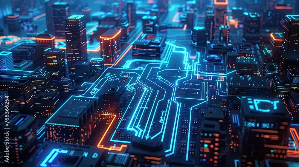 Futuristic Cityscape with Glowing Neon Circuit Grid and Towering Structures