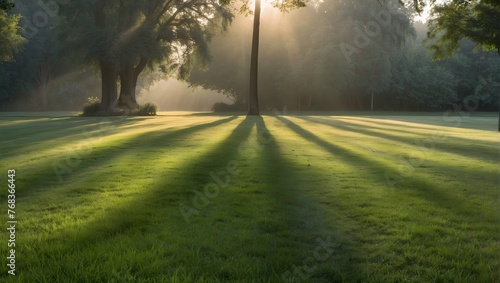 A panoramic view of a freshly mowed lawn under the early morning light, shrouded in a delicate mist, evoking the serene essence of summer Generative AI photo