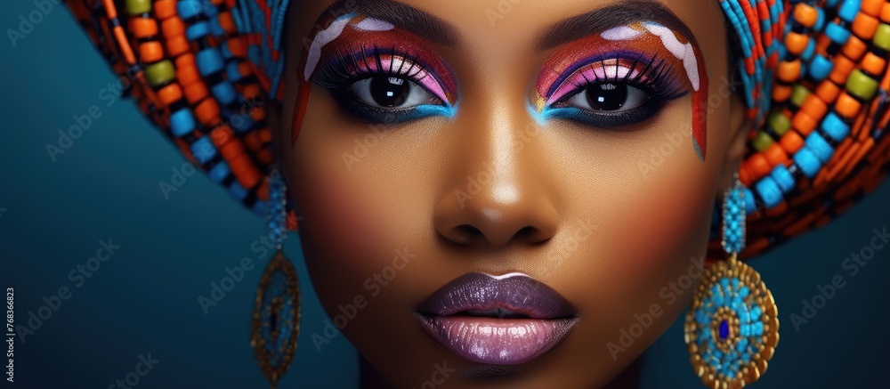 Obraz premium A closeup image of a woman with blue and purple eyeshadow, eyeliner, and long eyelashes. She is wearing a turban, earrings, with a focus on her lips, chin, and eyebrows, complete makeover