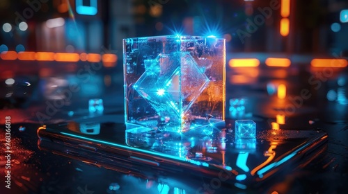 Luminous Cube Matrix on Smartphone Screen - Futuristic 3D Cyber Data Visualization