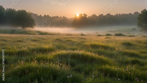 An expansive scene of a neatly trimmed meadow, bathed in the soft glow of sunrise and veiled by a light fog, capturing the peaceful ambiance of early summer Generative AI