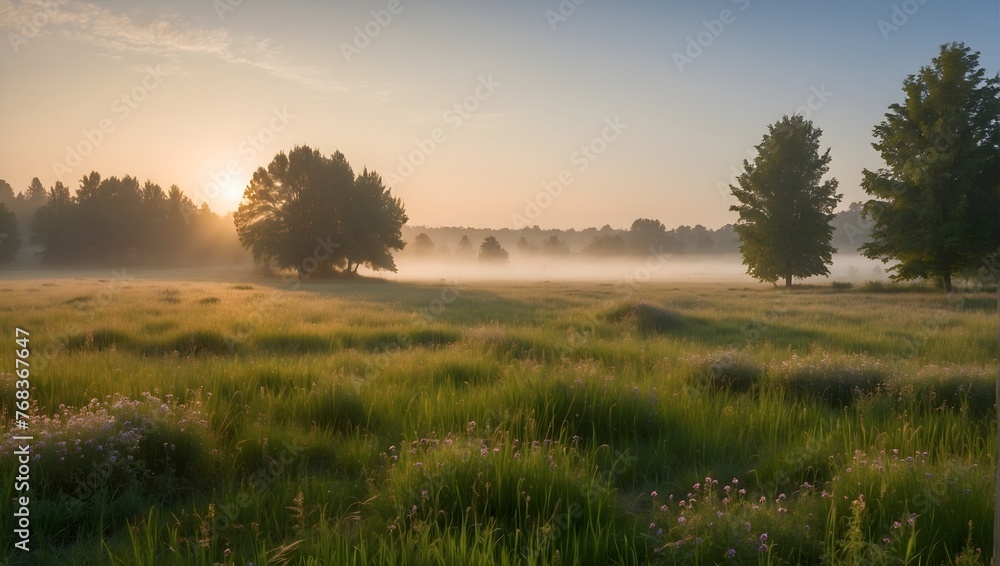 Fototapeta premium An expansive scene of a neatly trimmed meadow, bathed in the soft glow of sunrise and veiled by a light fog, capturing the peaceful ambiance of early summer Generative AI