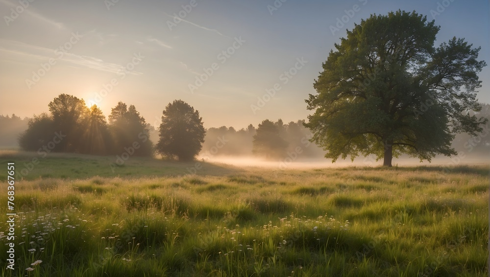 Fototapeta premium An expansive scene of a neatly trimmed meadow, bathed in the soft glow of sunrise and veiled by a light fog, capturing the peaceful ambiance of early summer Generative AI