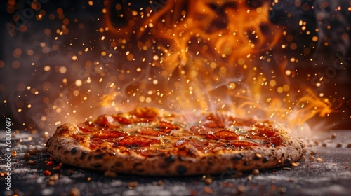 Sizzling Hot Pepperoni Pizza with Fiery Backdrop