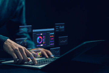 analyst manages the system database, analysis data plans, and reports. shows a dashboard chart on the computer. concept of analytics business, research on platform digital technology
