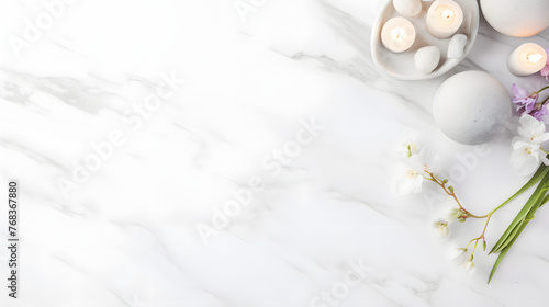 Scented candles on marble background, spa style copy space for text, Generative Ai 