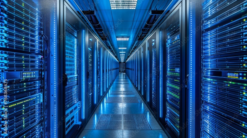 Fototapeta premium Blue-lit data center with server racks.