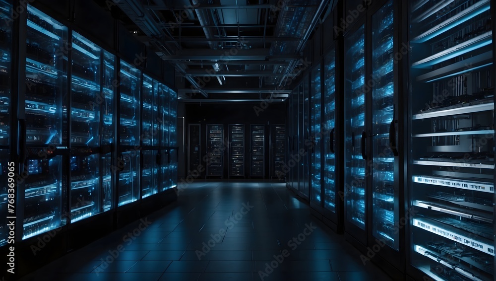 Fototapeta premium State-of-the-Art Data Processing Facility with Rows of Server Racks in a Darkened Room, Accented by Striking VFX Lighting Generative AI