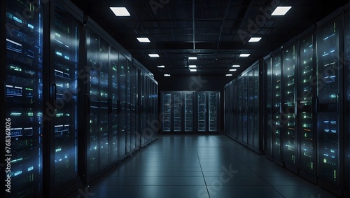 State-of-the-Art Data Processing Facility with Rows of Server Racks in a Darkened Room, Accented by Striking VFX Lighting Generative AI