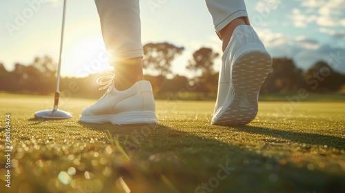A golfers feet firmly planted on the ground showcasing their balance and stability.