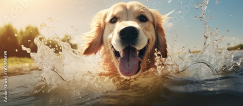 A Labrador Retriever, a carnivore and member of the Sporting Group, leaps into the water. This companion dog is a working animal with a wet snout